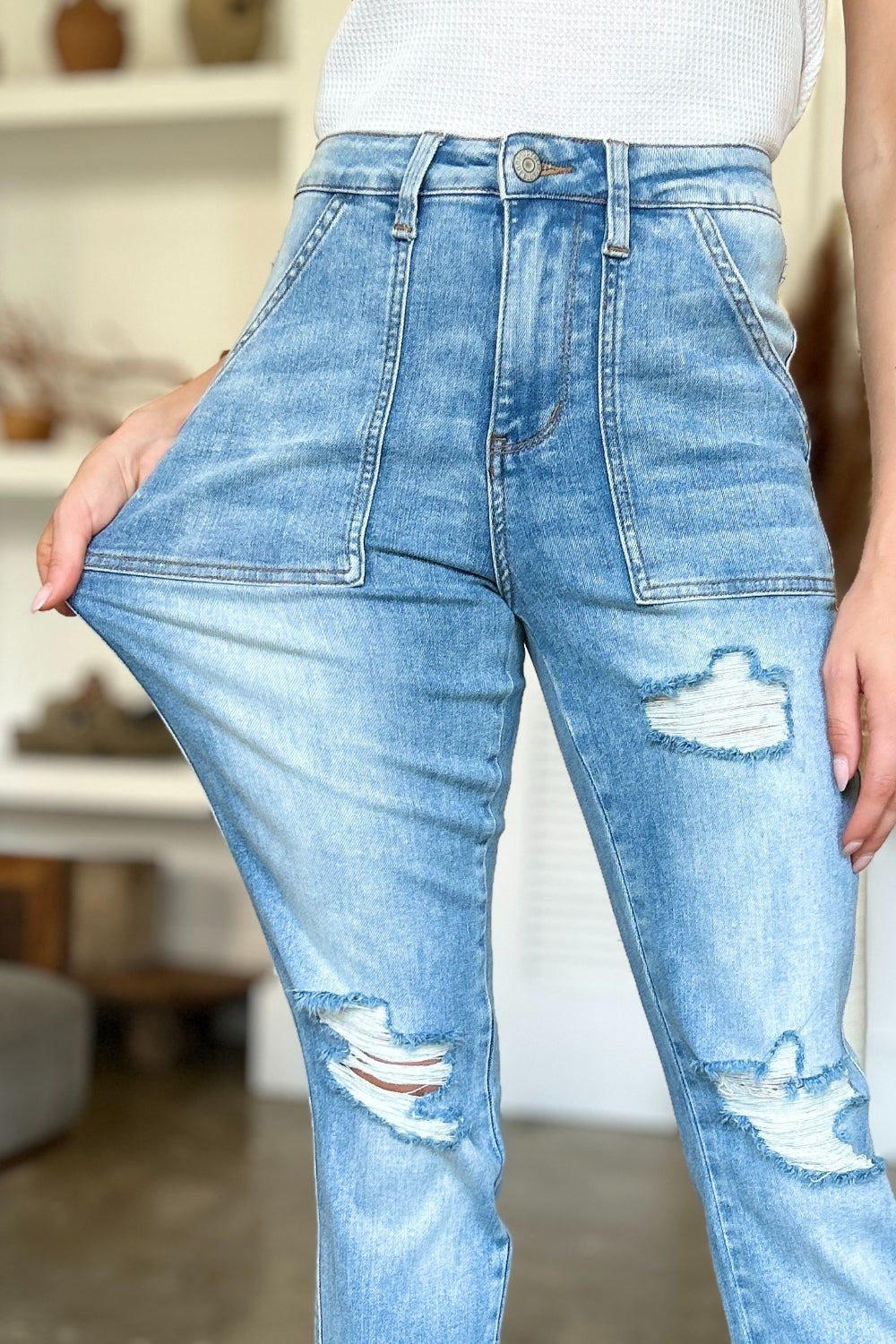 Judy Blue Elana Distressed Straight Jeans with Patch Pockets