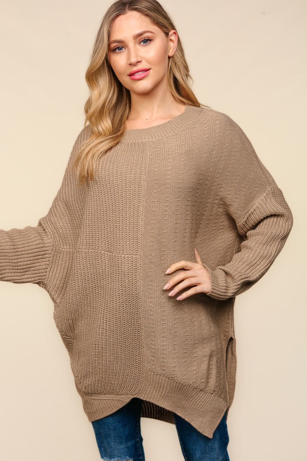 Haptics Side Slit Texture Asymmetric Sweater - Taupe