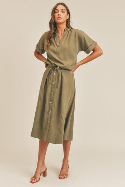 MABLE Short Sleeve Top and Button Down Midi Skirt Set - Olive