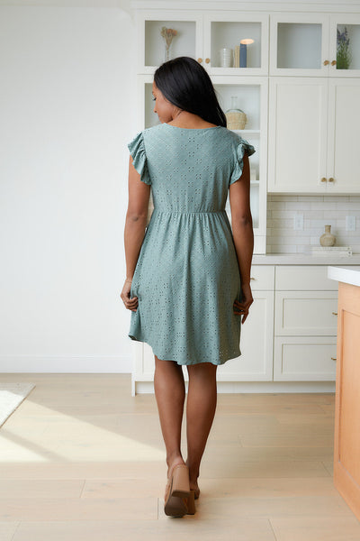 Rebecca Ruffle Sleeve Eyelet Dress in Sage