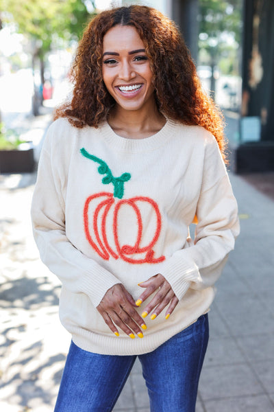 Pumpkin Embroidered Oversized Sweater - Taupe