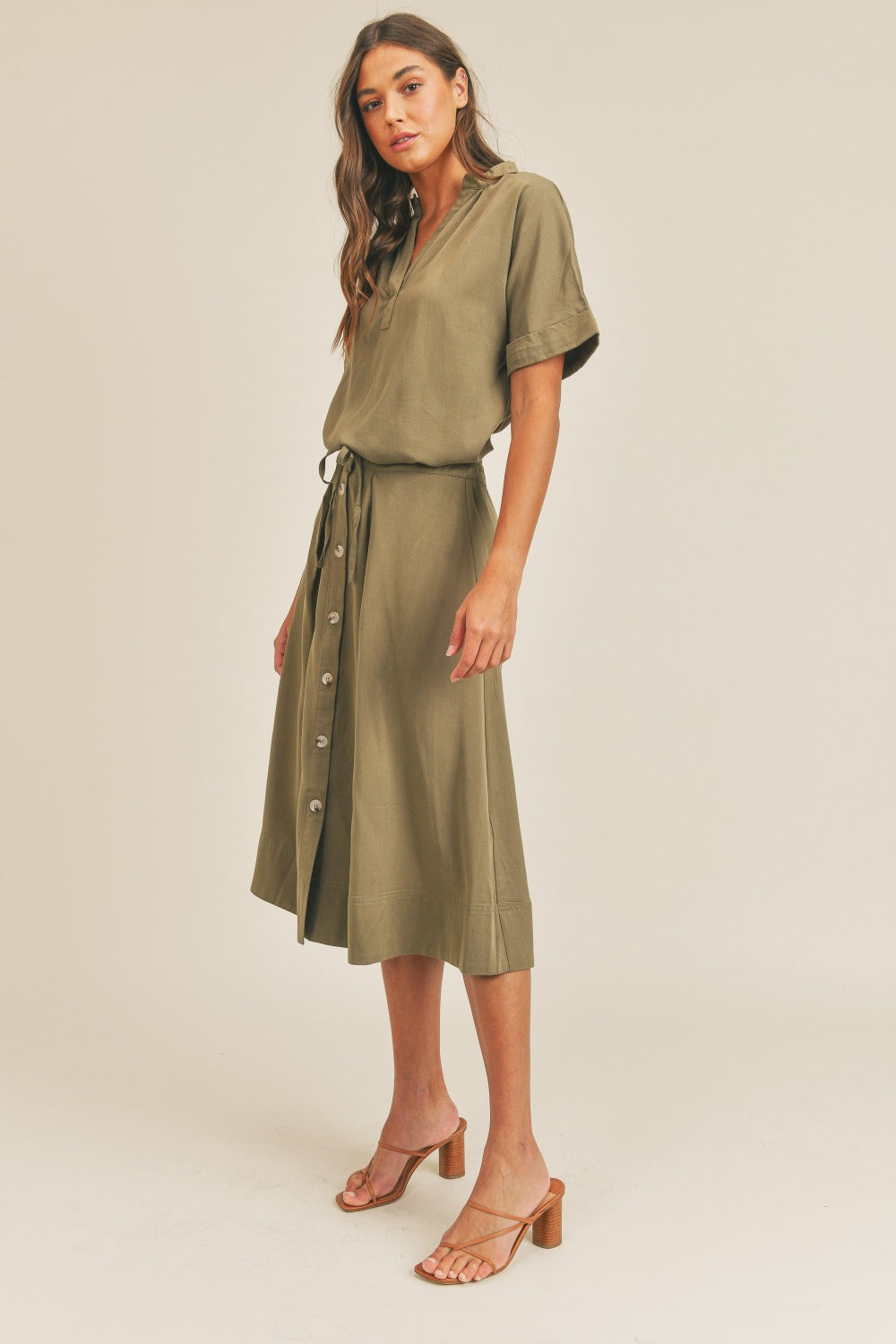 MABLE Short Sleeve Top and Button Down Midi Skirt Set - Olive