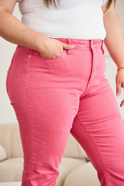 Tummy Control High Waist Raw Hem Jeans - Sunkissed