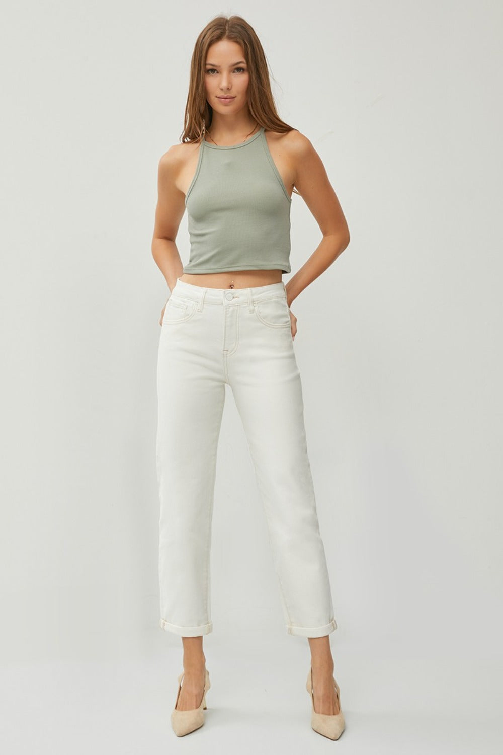 RISEN Stacia High Waist Rolled Hem Straight Jeans