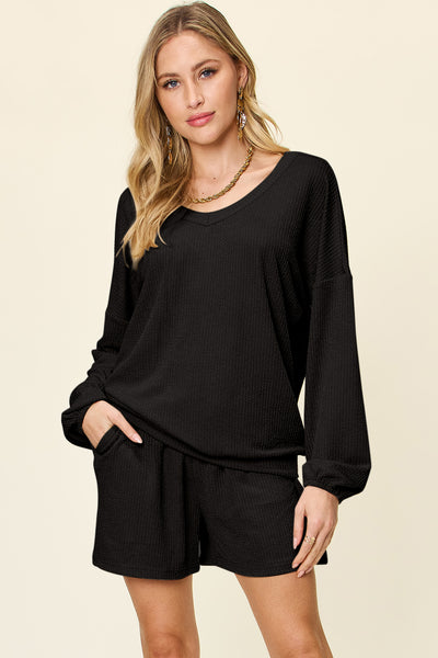 Texture V-Neck Long Sleeve T-Shirt and Shorts Set