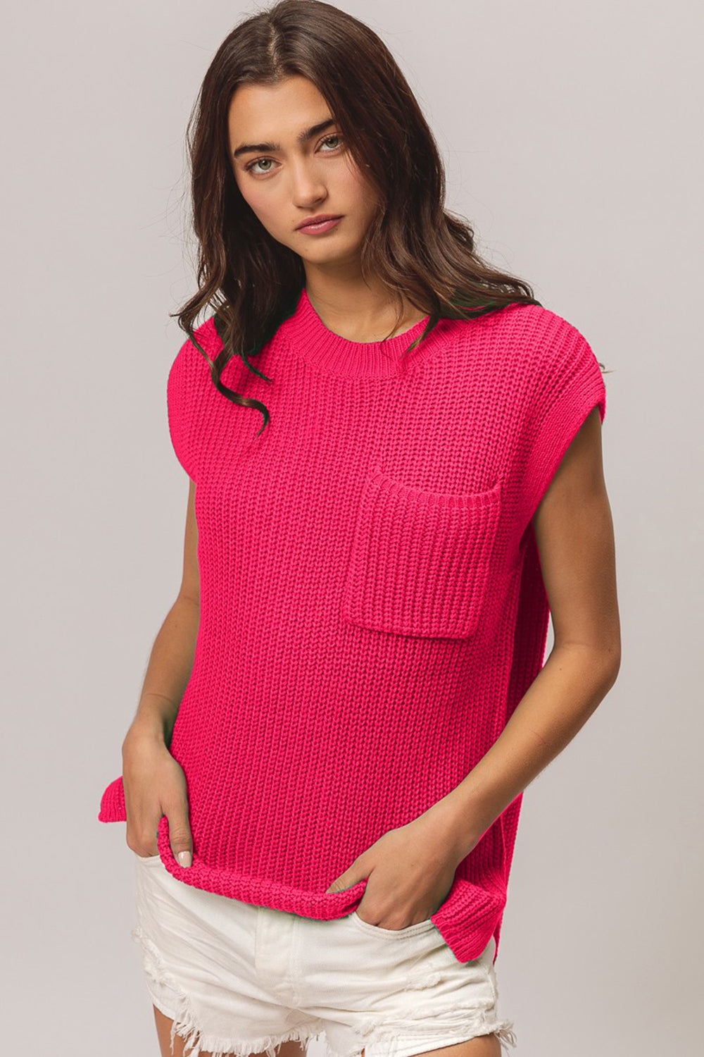Tiffany Patch Cap Sleeve Sweater Top - Fuschia
