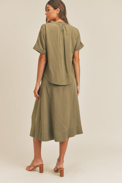 MABLE Short Sleeve Top and Button Down Midi Skirt Set - Olive