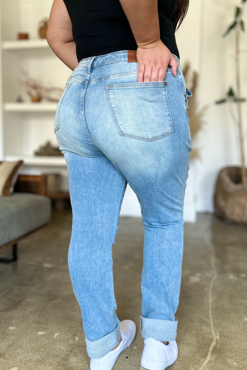 Judy Blue Elana Distressed Straight Jeans with Patch Pockets