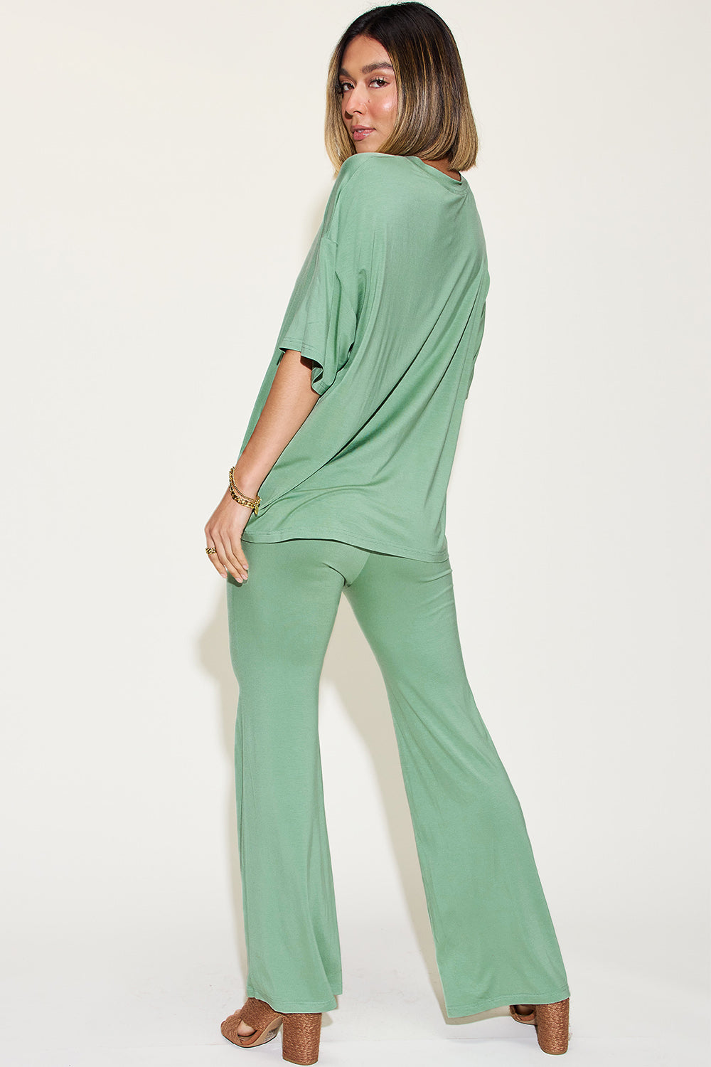 Bamboo Drop Shoulder T-Shirt and Flare Pants Set *4 colors*