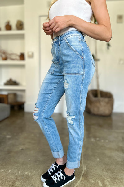 Judy Blue Elana Distressed Straight Jeans with Patch Pockets