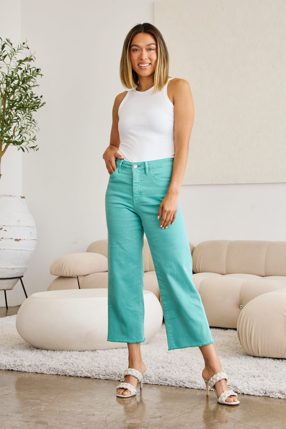 Chloe Tummy Control Raw Hem Jeans in Island Green