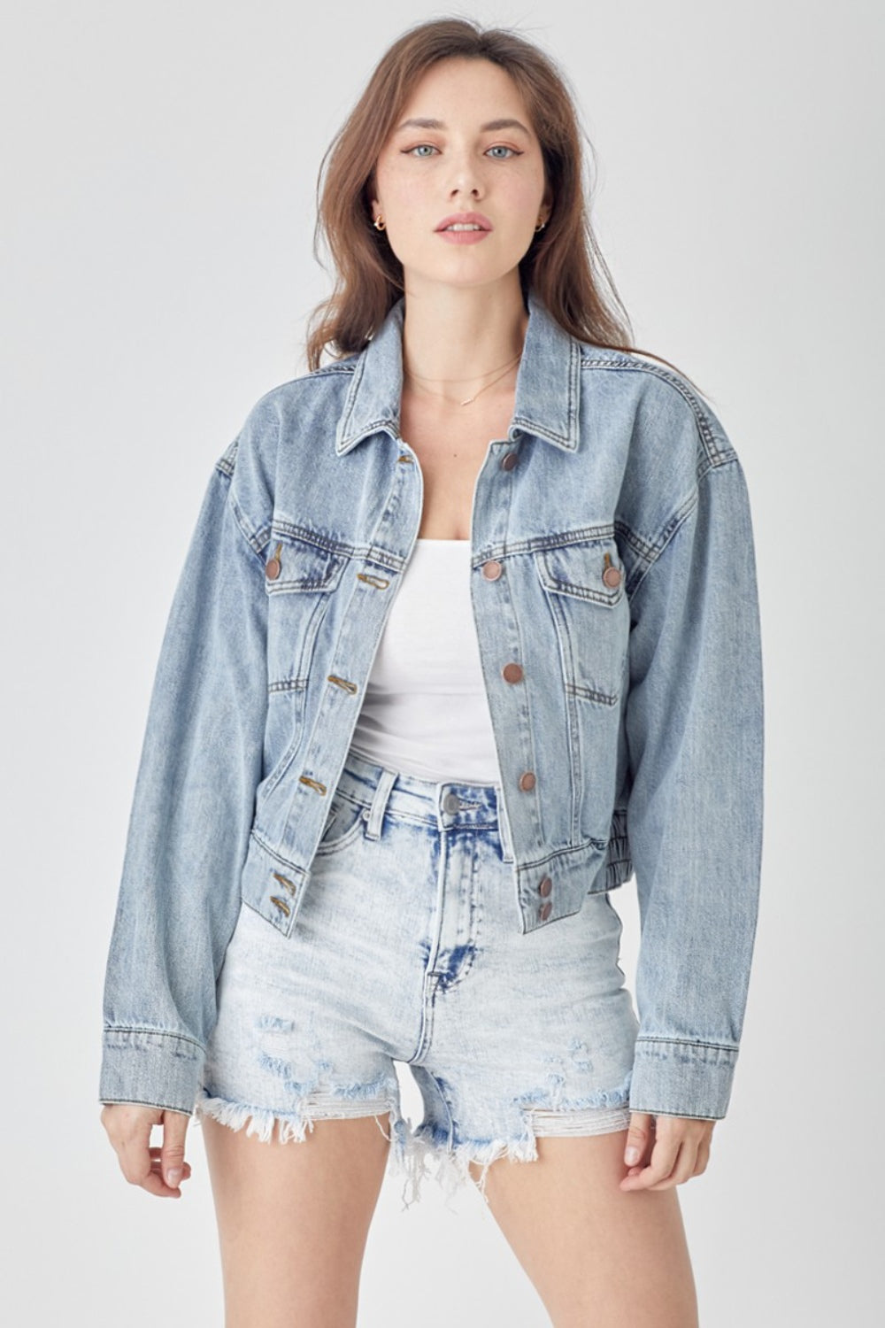 RISEN Button Down Cropped Denim Jacket