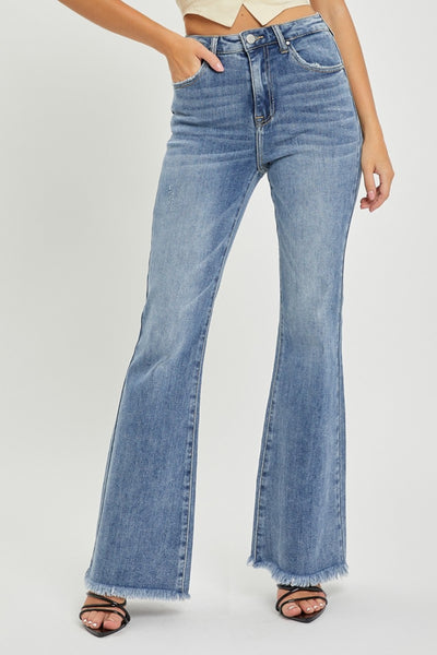 RISEN High Waist Raw Hem Flare Jeans