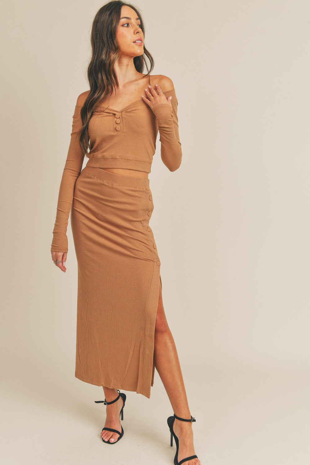 MABLE Button Detail Crop Top and Slit Midi Skirt Set - Dusty Brown