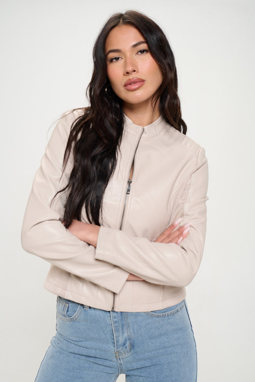 Coalition LA Zip Up Vegan Moto Jacket in Cream