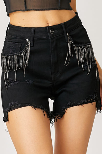 RISEN Stevie Frayed Hem Denim Shorts with Fringe Detail Pockets