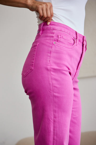 Chloe Tummy Control Raw Hem Jeans in Pink Rouge