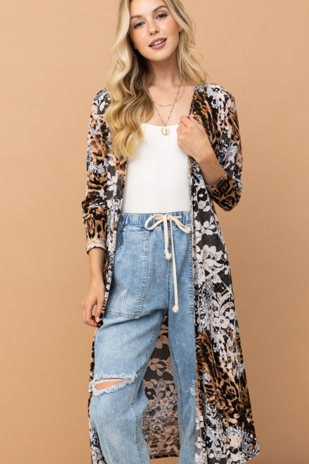 And The Why Open Front Longline Cardigan - Leopard