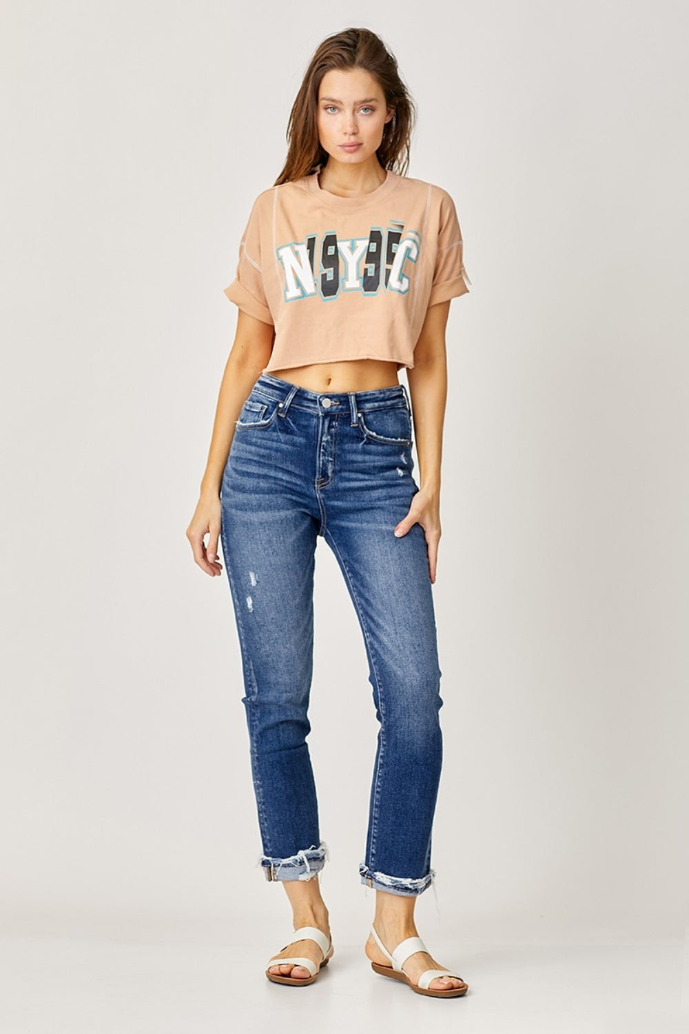 Risen Kaia High-Rise Frayed Cuffed Straight Jeans