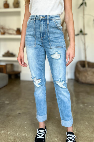 Judy Blue Elana Distressed Straight Jeans with Patch Pockets