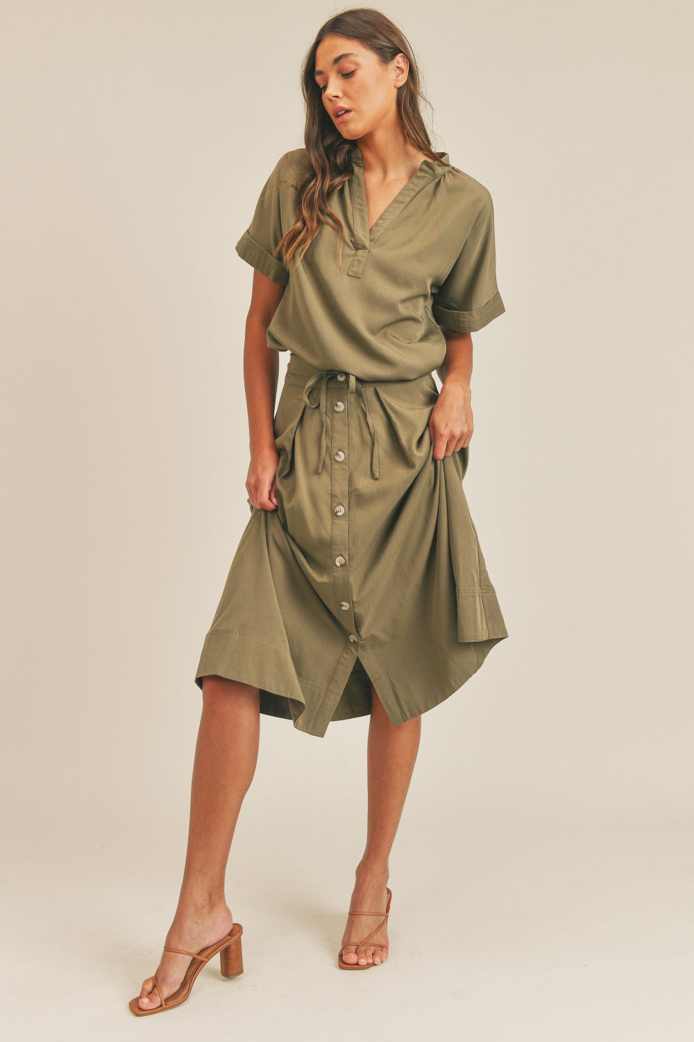 MABLE Short Sleeve Top and Button Down Midi Skirt Set - Olive