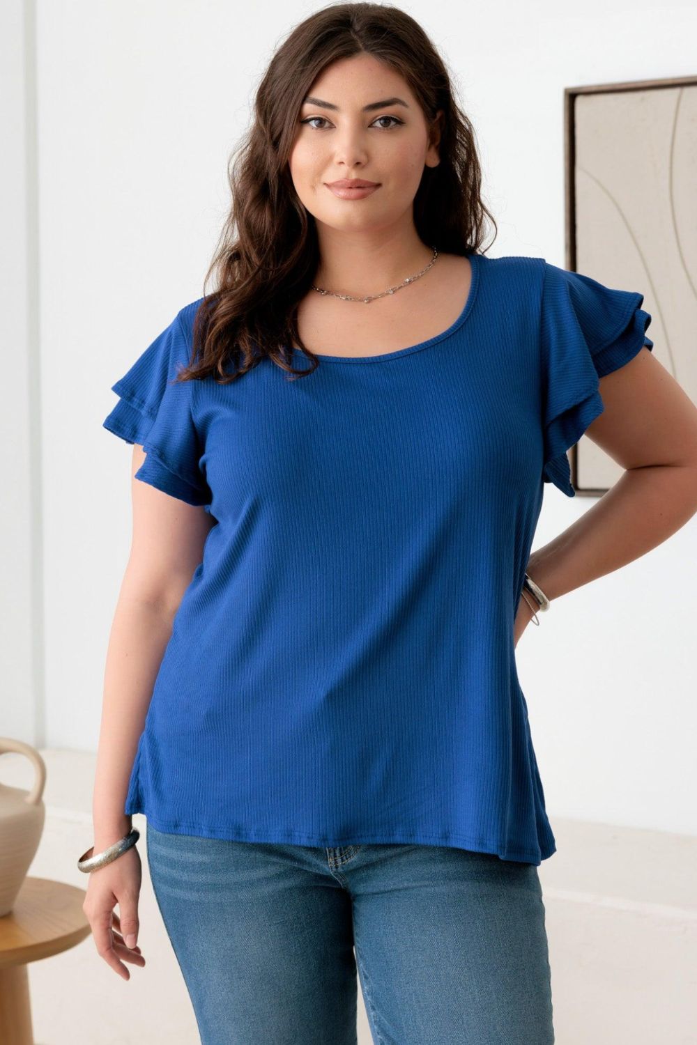 Fluttery Sleeve Round Neck Top - Plus