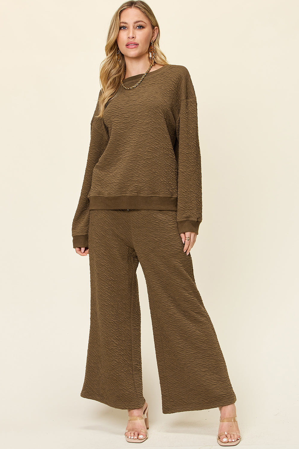 Texture Long Sleeve Top and Pants Set