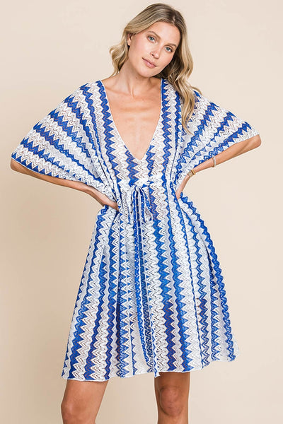 Plunge Half Sleeve Cover-Up Dress/Top in Blue