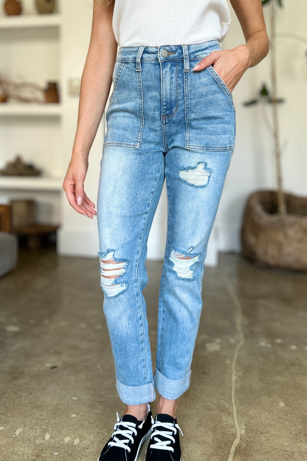 Judy Blue Elana Distressed Straight Jeans with Patch Pockets