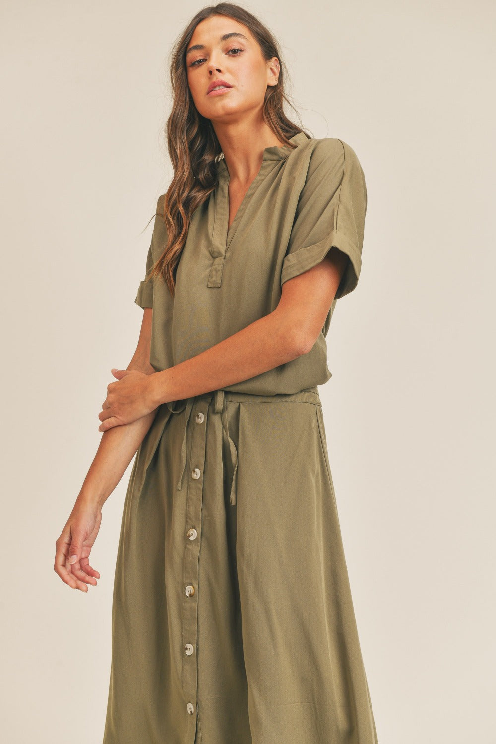 MABLE Short Sleeve Top and Button Down Midi Skirt Set - Olive