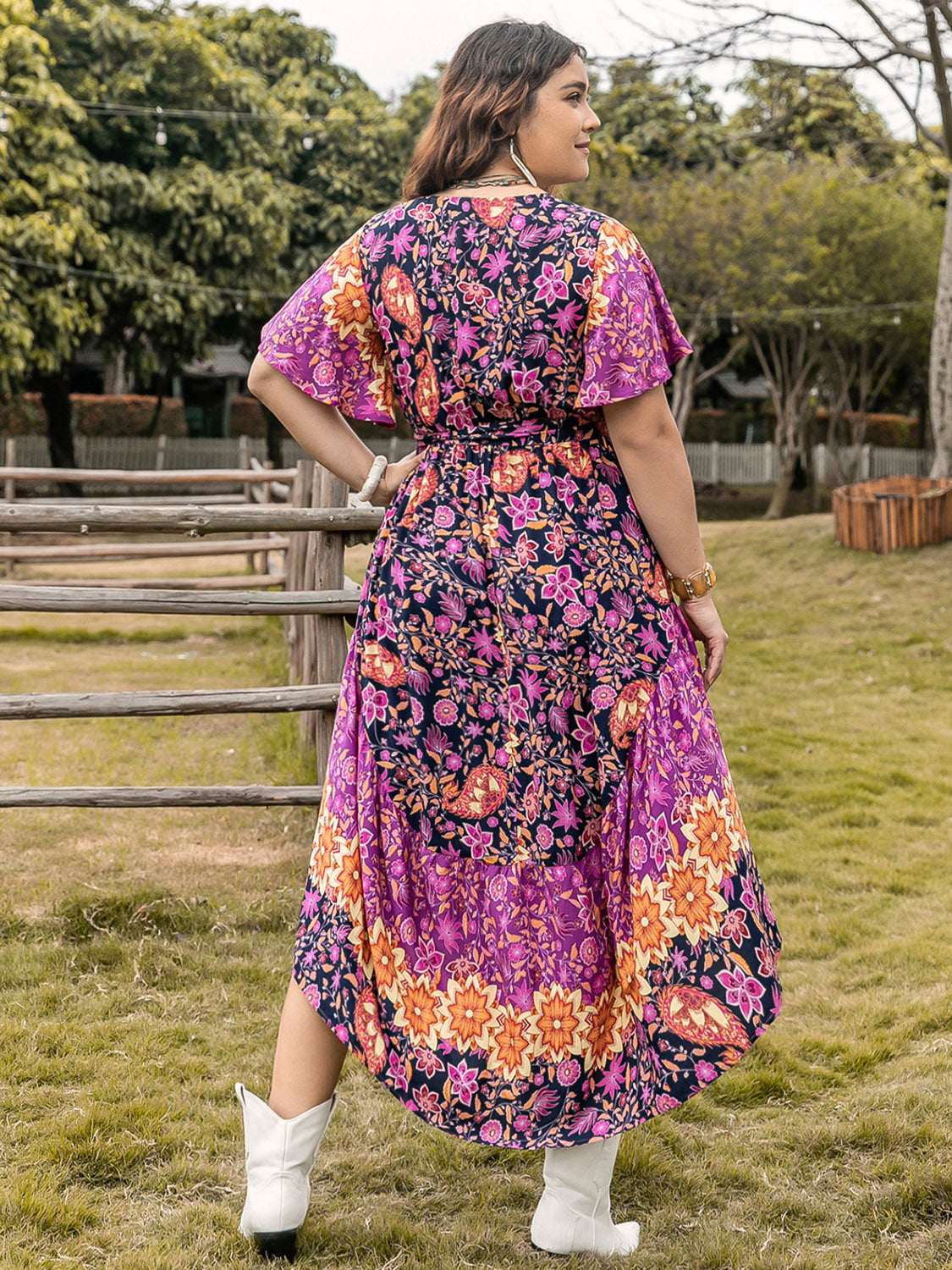 Printed V-Neck Flutter Sleeve Midi Dress - Plus