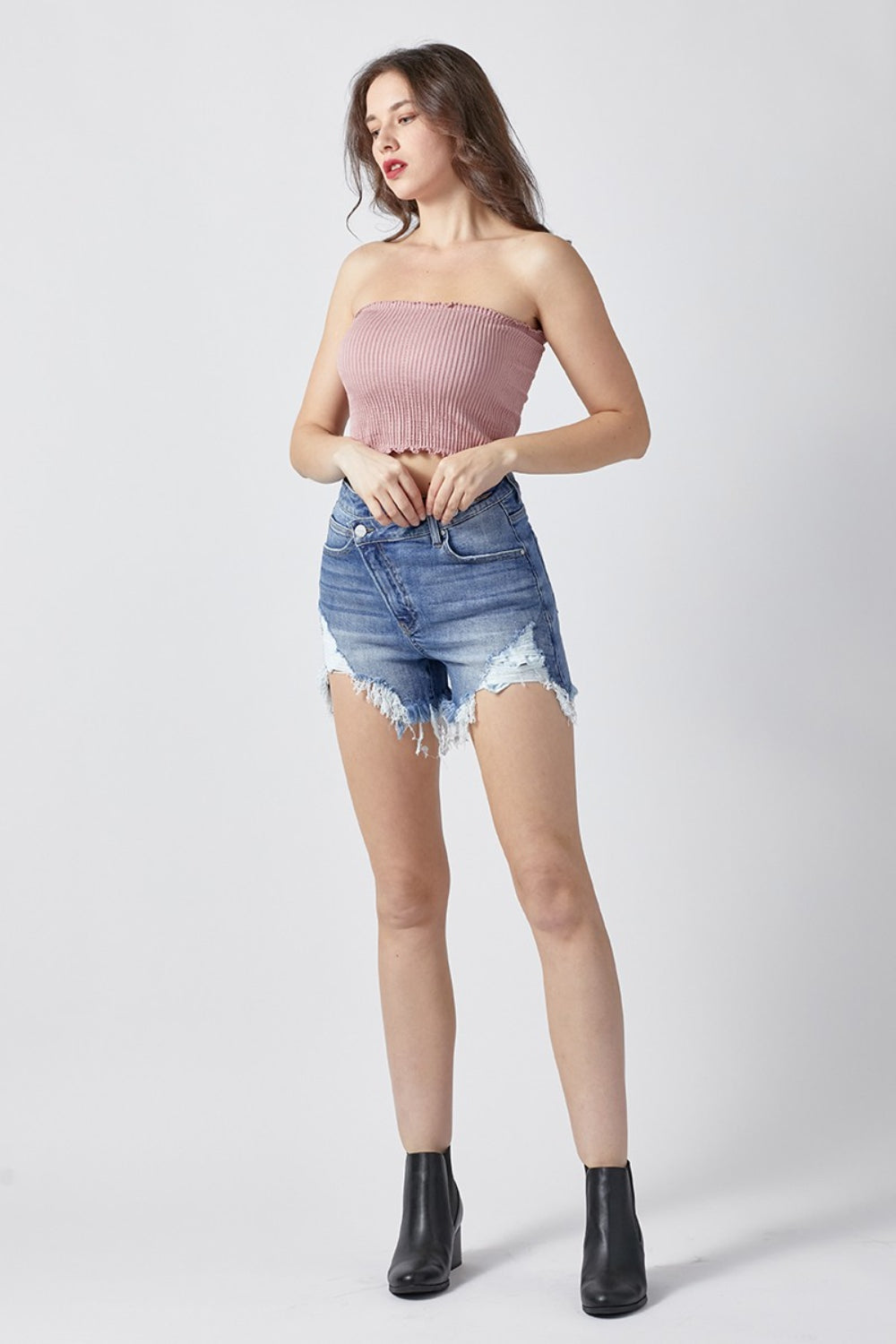 RISEN Roxi Asymmetrical Waist Denim Shorts