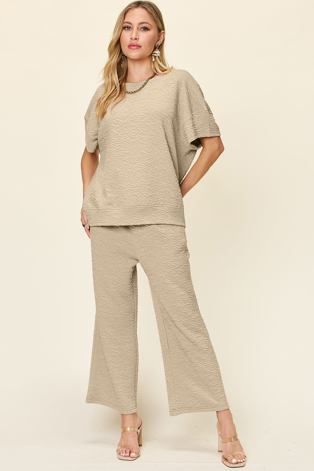 Double Take Texture Short Sleeve Top and Pants Set