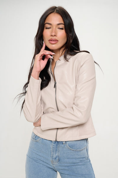 Coalition LA Zip Up Vegan Moto Jacket in Cream