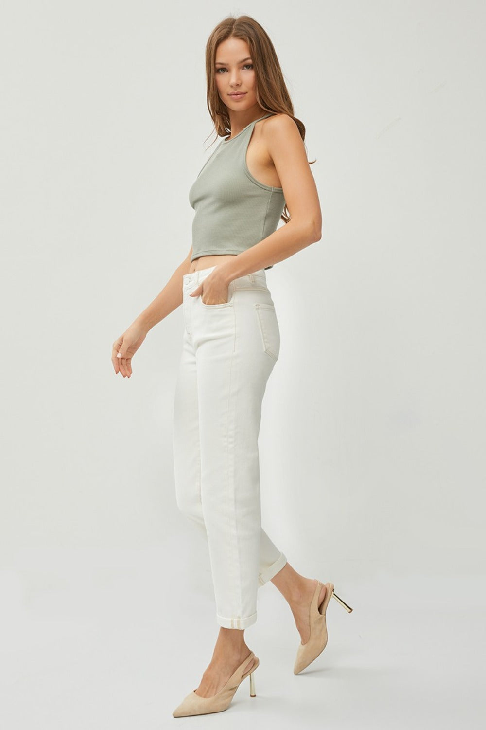 RISEN Stacia High Waist Rolled Hem Straight Jeans