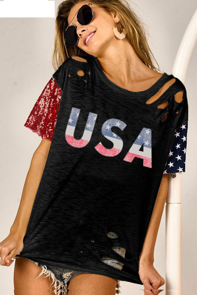 USA Graphic Short Sleeve Distressed T-Shirt in Black