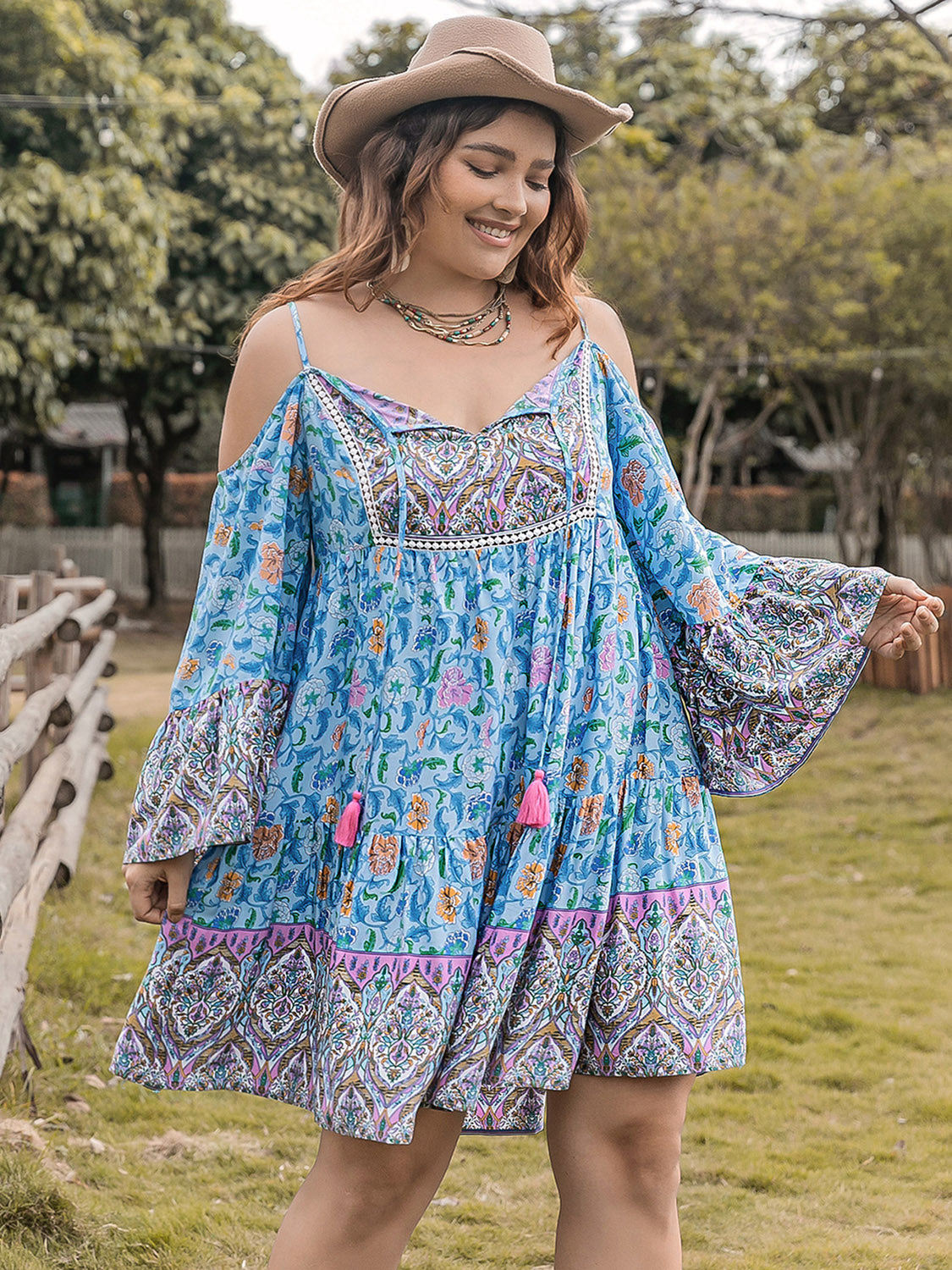 Boho Breeze Long Sleeve Mini Dress - Plus