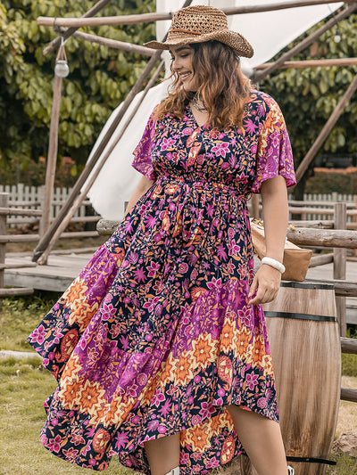 Printed V-Neck Flutter Sleeve Midi Dress - Plus