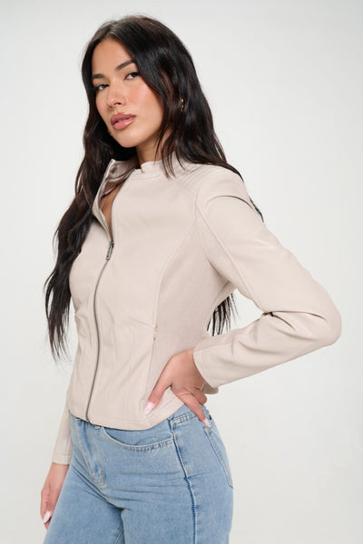 Coalition LA Zip Up Vegan Moto Jacket in Cream