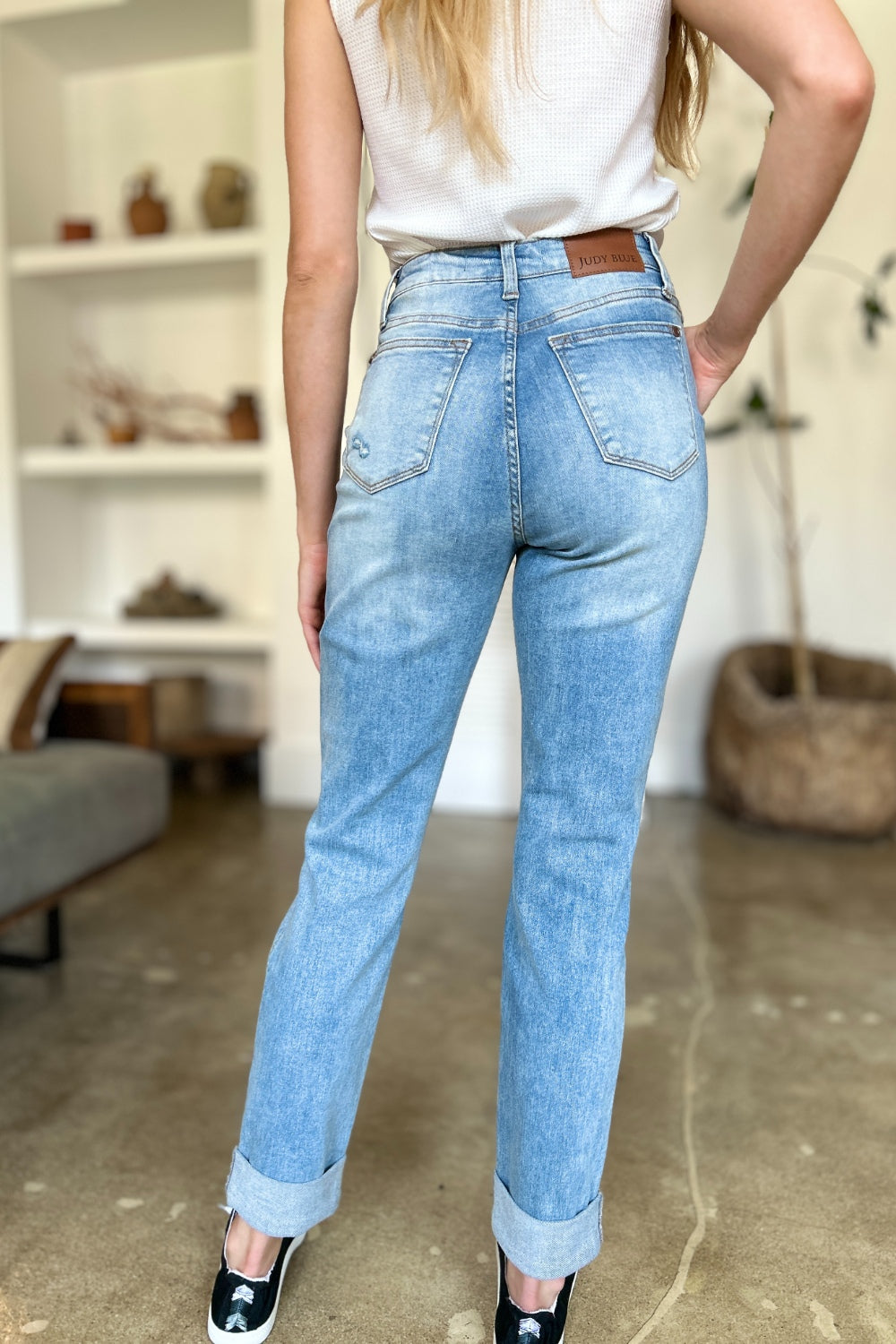 Judy Blue Elana Distressed Straight Jeans with Patch Pockets