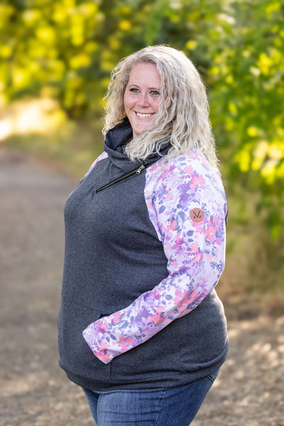 Zoey Zip Cowl - Charcoal and Fall Floral Leaves