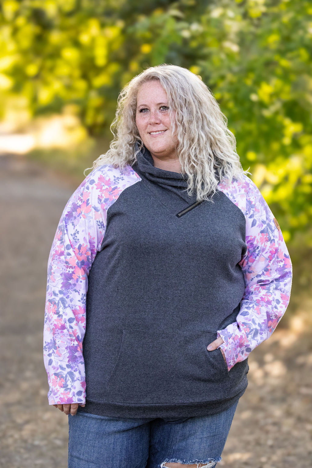 Zoey Zip Cowl - Charcoal and Fall Floral Leaves