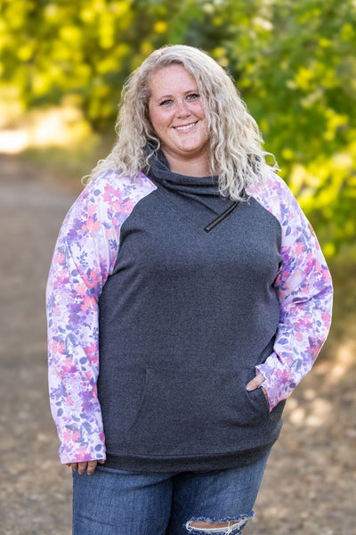 Zoey Zip Cowl - Charcoal and Fall Floral Leaves