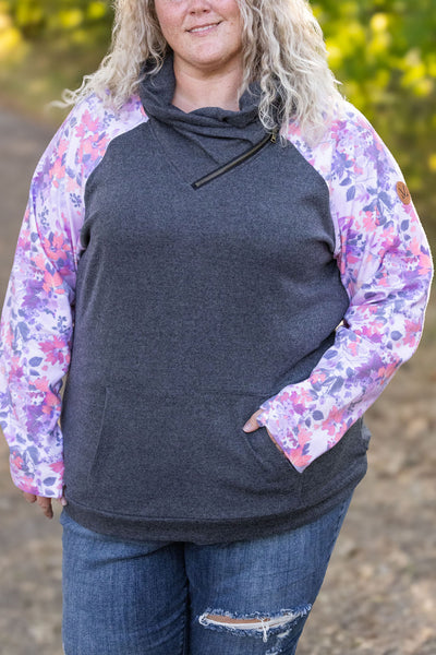 Zoey Zip Cowl - Charcoal and Fall Floral Leaves