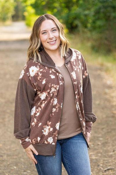 Ramona Ribbed Floral Zip Up - Brown