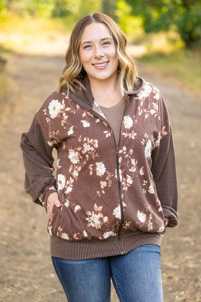 Ramona Ribbed Floral Zip Up - Brown