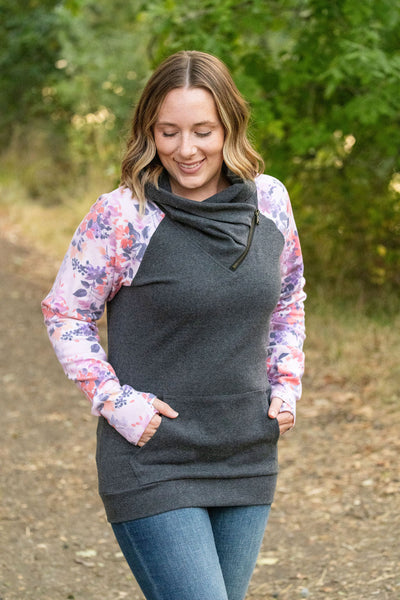 Zoey Zip Cowl - Charcoal and Fall Floral Leaves