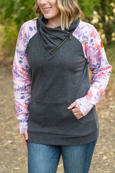 Zoey Zip Cowl - Charcoal and Fall Floral Leaves