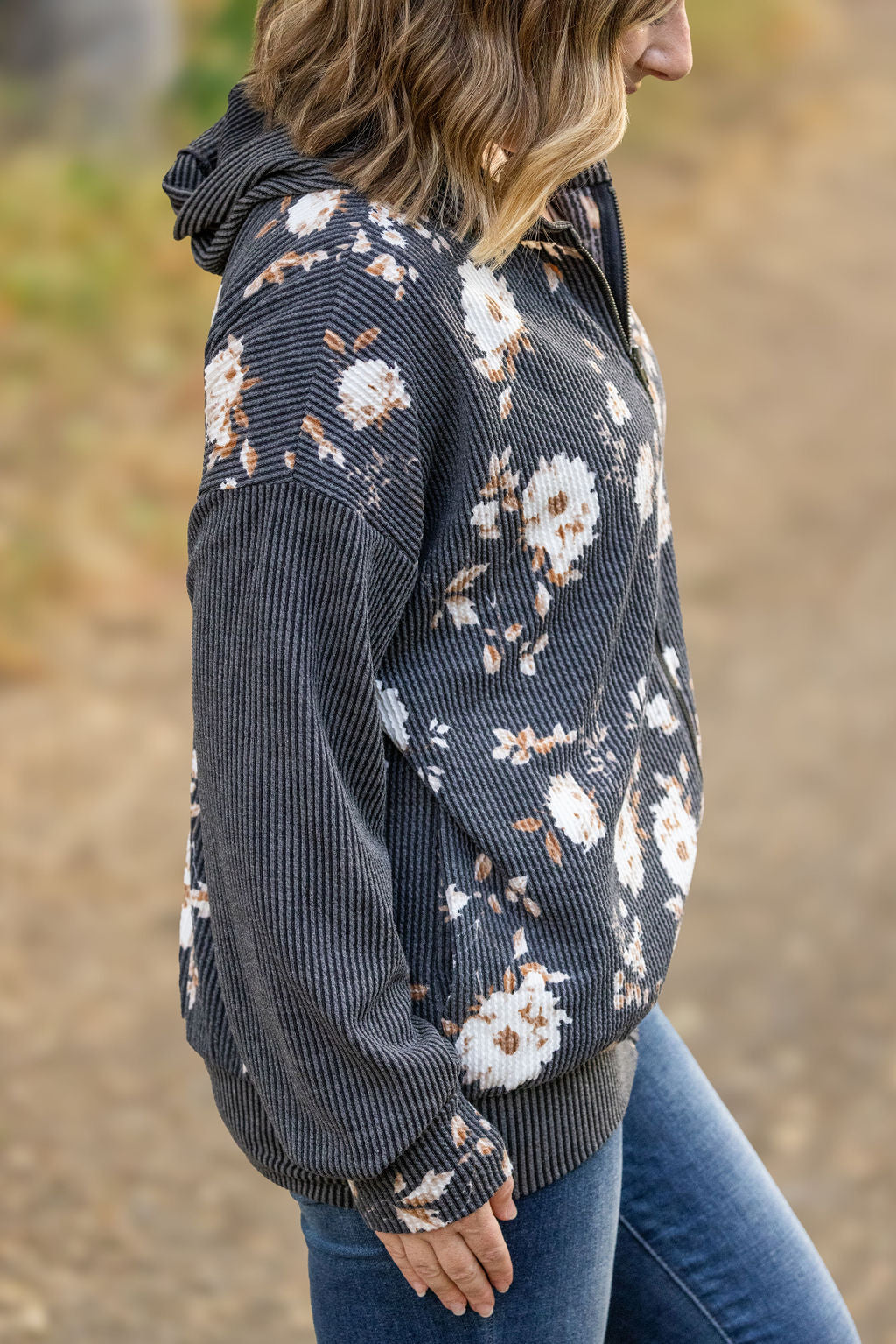 Ramona Ribbed Floral Zip Up - Black