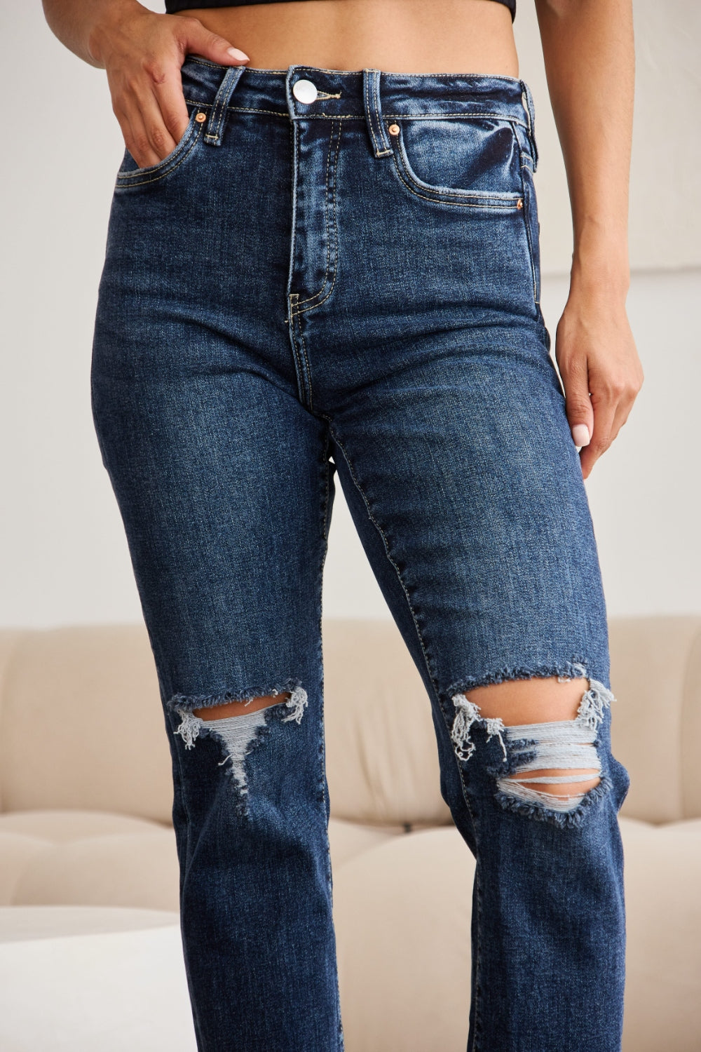 Dylan Tummy Control Distressed Raw Hem Jeans